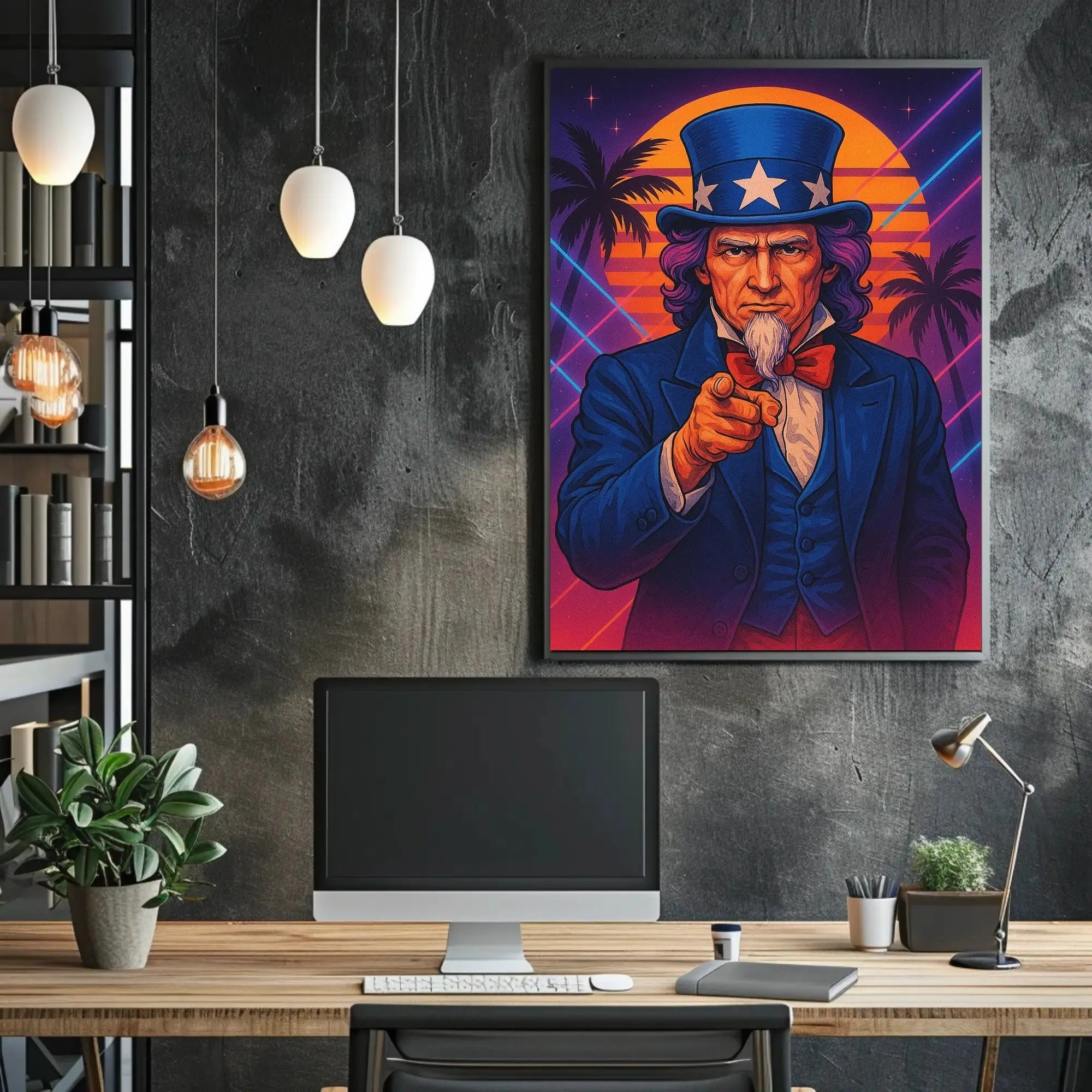 Retro Uncle Sam Poster with Neon Beach Vibes - Abstract, Artistic, or Pop Culture Poster PosterGoat
