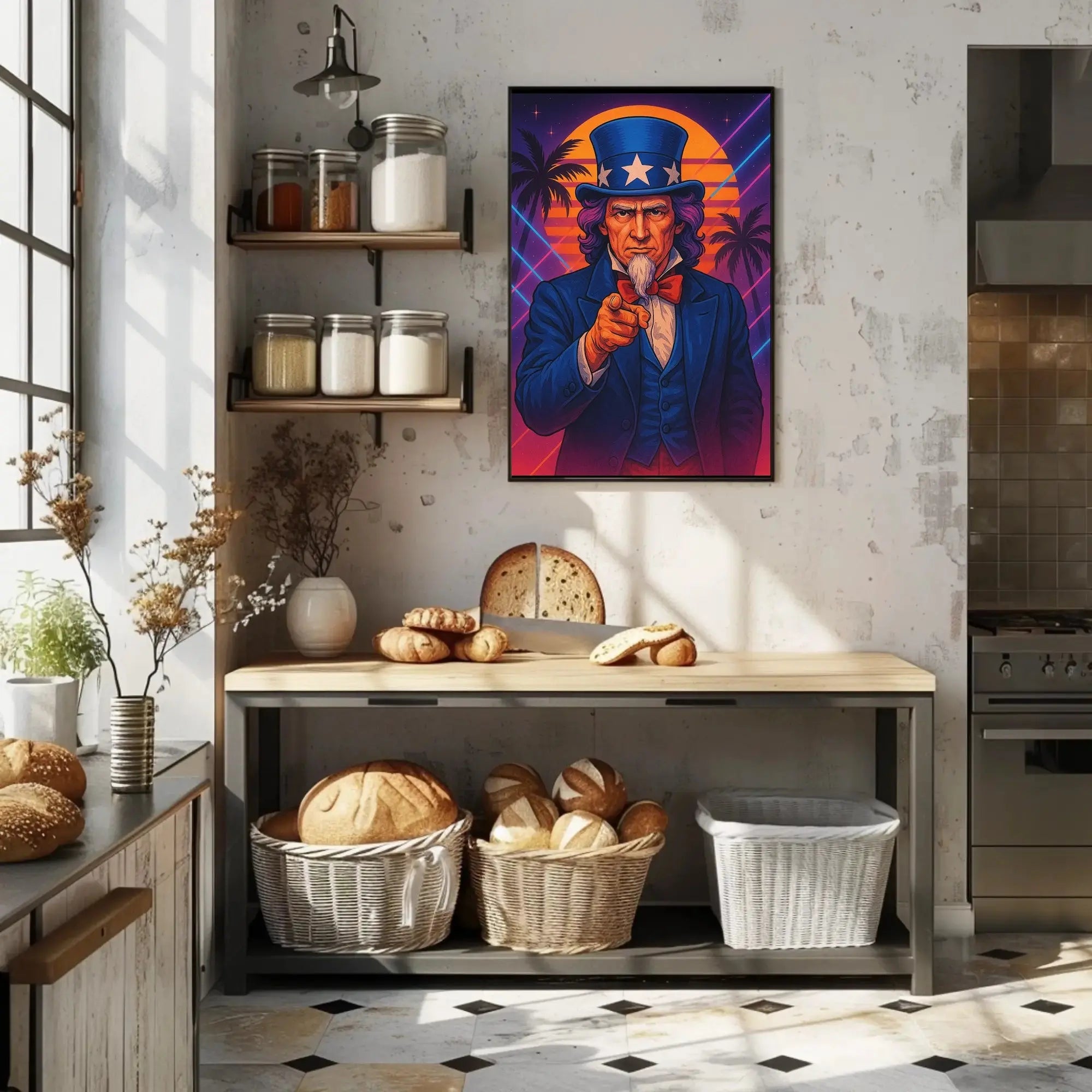 Retro Uncle Sam Poster with Neon Beach Vibes - Abstract, Artistic, or Pop Culture Poster PosterGoat