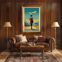 Retro Woman with Airplane Travel Poster PosterGoat