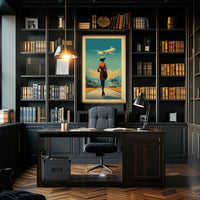 Retro Woman with Airplane Travel Poster PosterGoat