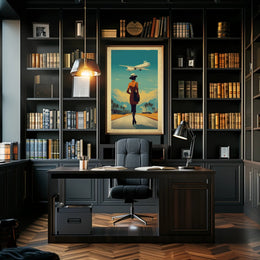 Retro Woman with Airplane Travel Poster PosterGoat