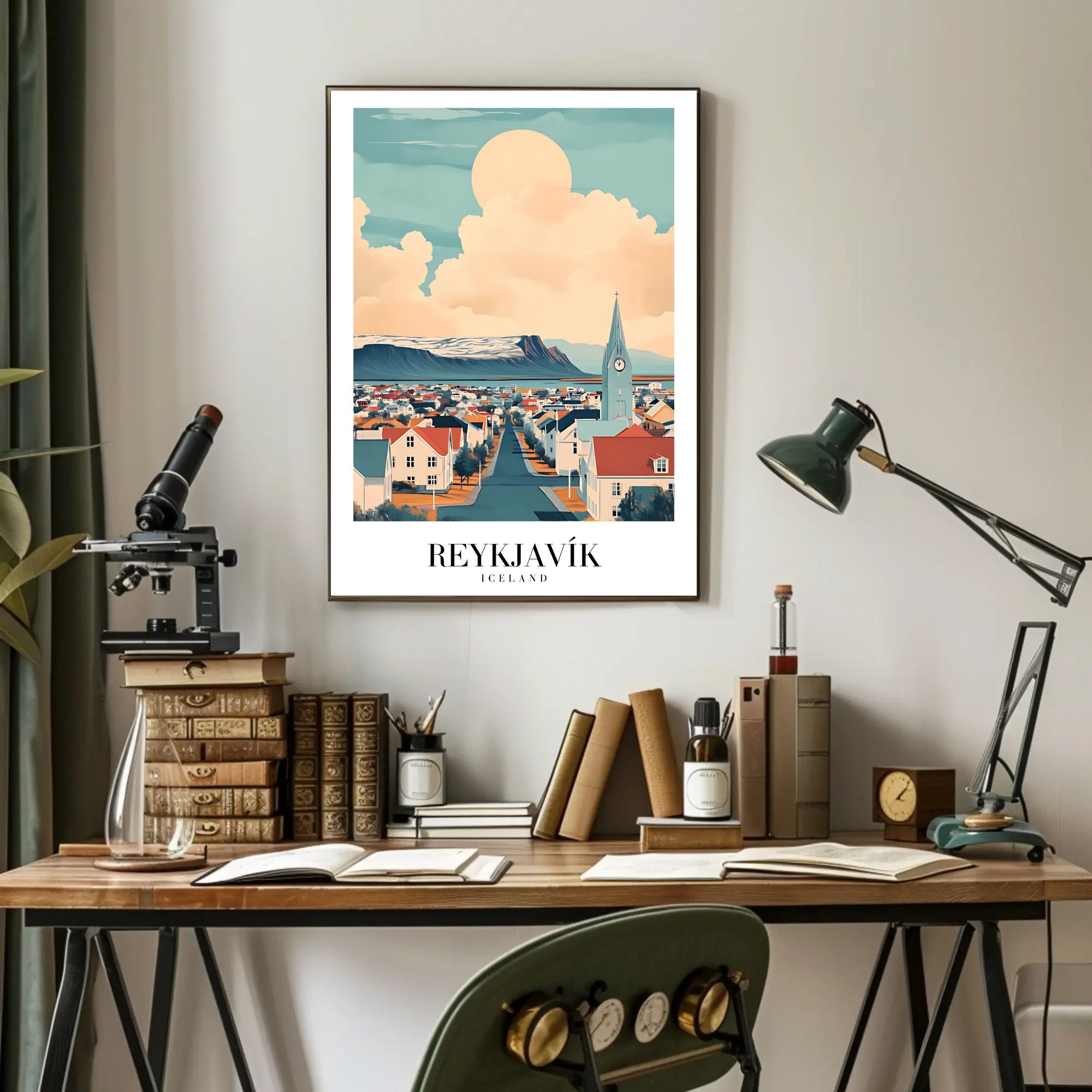 Reykjavík Cityscape Art Poster with Dreamlike Scenic View PosterGoat
