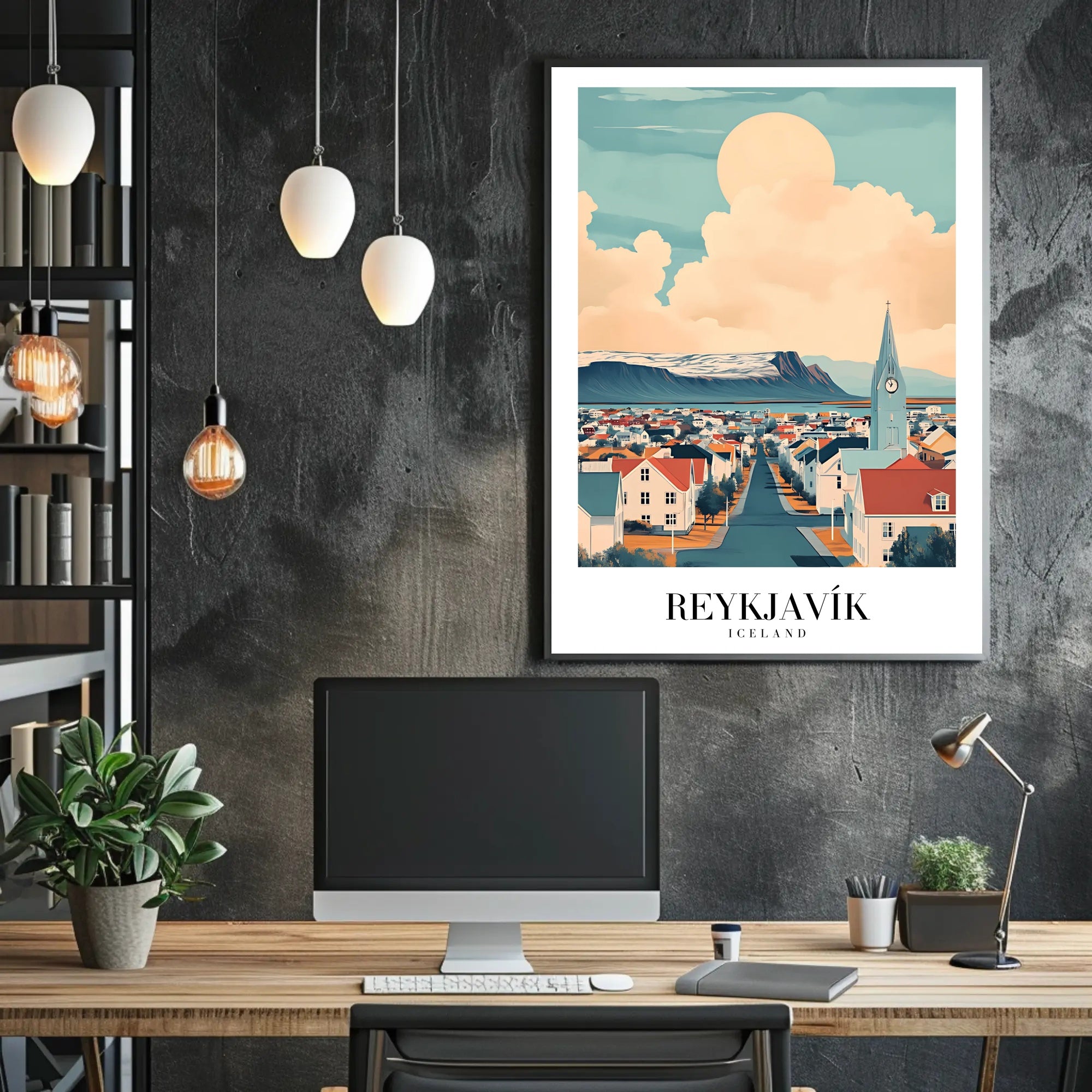 Reykjavík Cityscape Art Poster with Dreamlike Scenic View PosterGoat