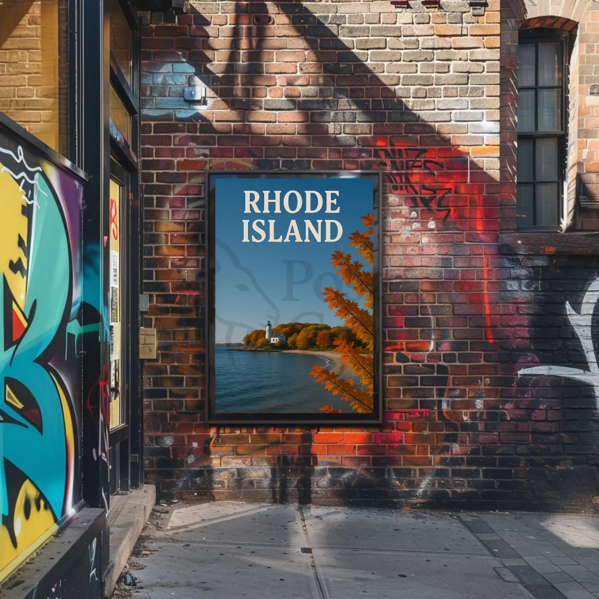 Rhode Island Autumn Lighthouse Travel Poster PosterGoat
