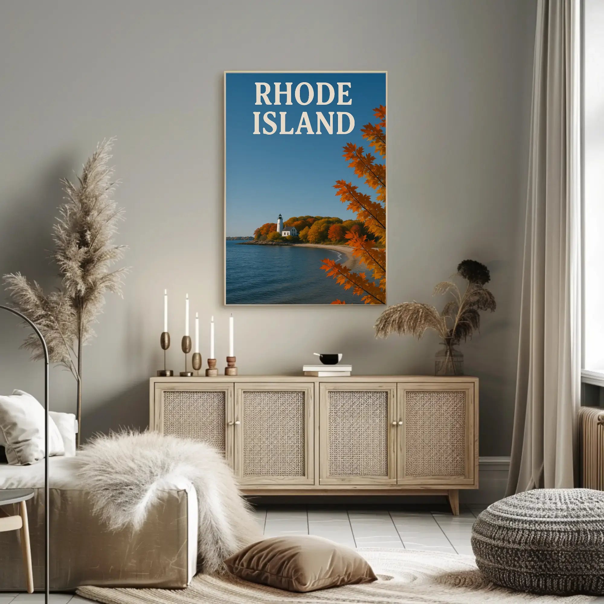 Rhode Island Autumn Lighthouse Travel Poster PosterGoat
