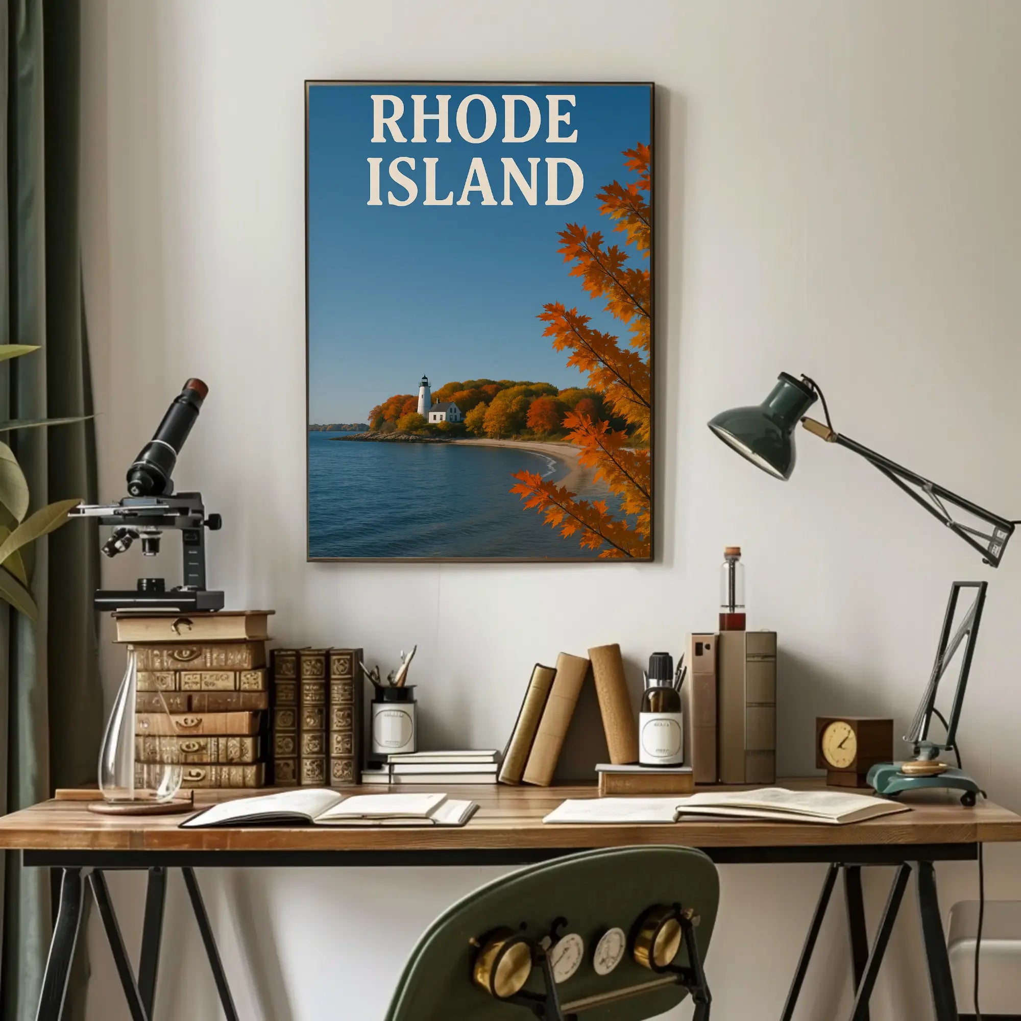Rhode Island Autumn Lighthouse Travel Poster PosterGoat
