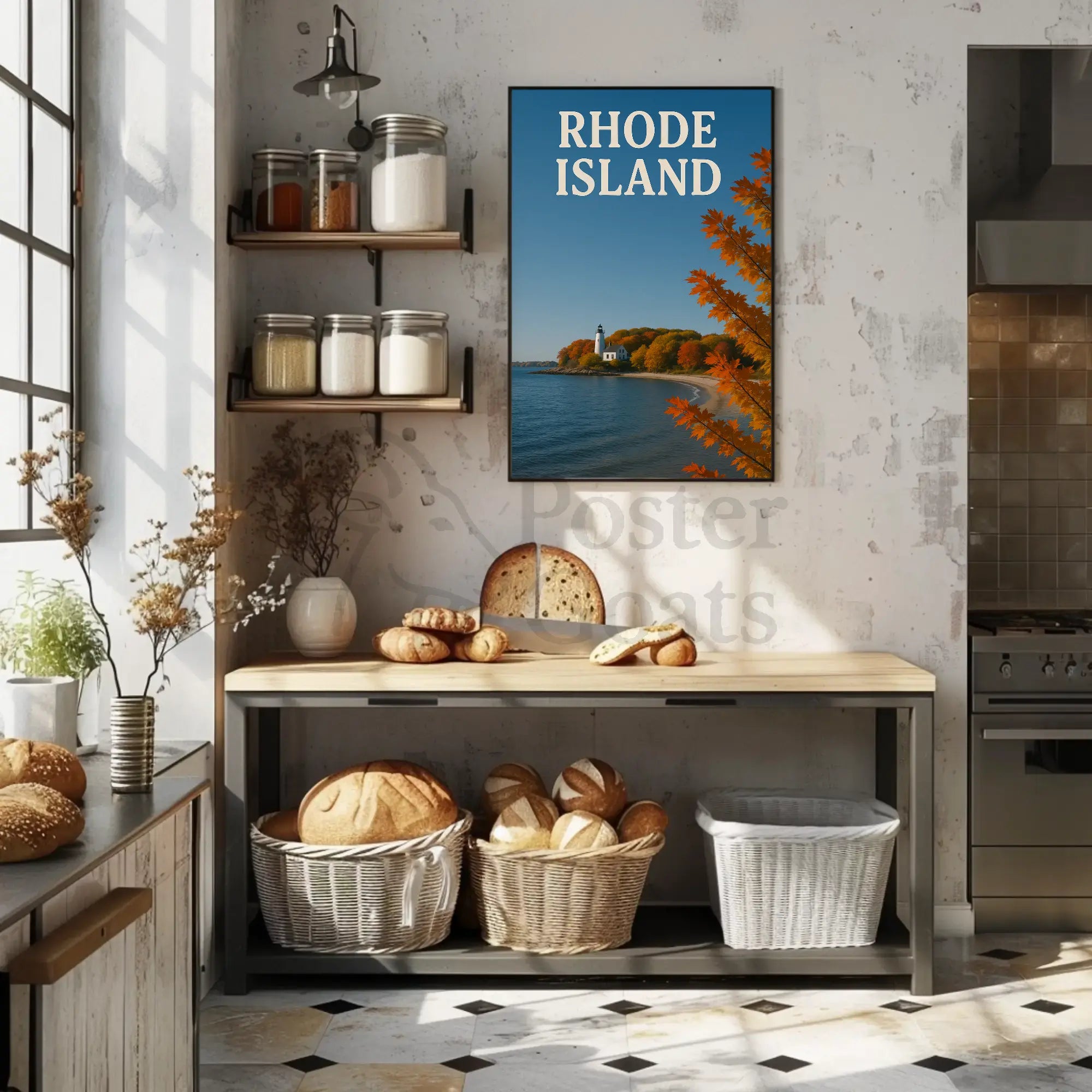 Rhode Island Autumn Lighthouse Travel Poster PosterGoat