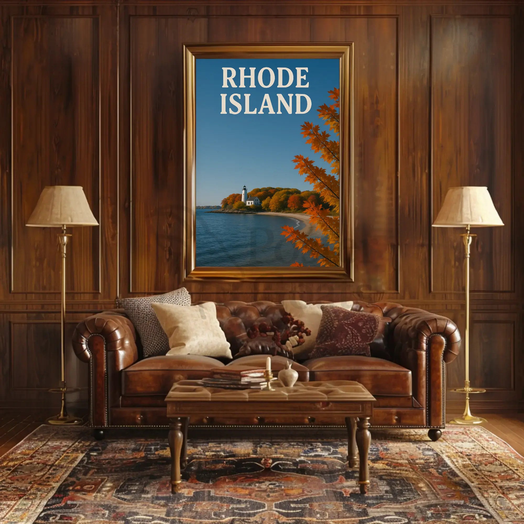 Rhode Island Autumn Lighthouse Travel Poster PosterGoat