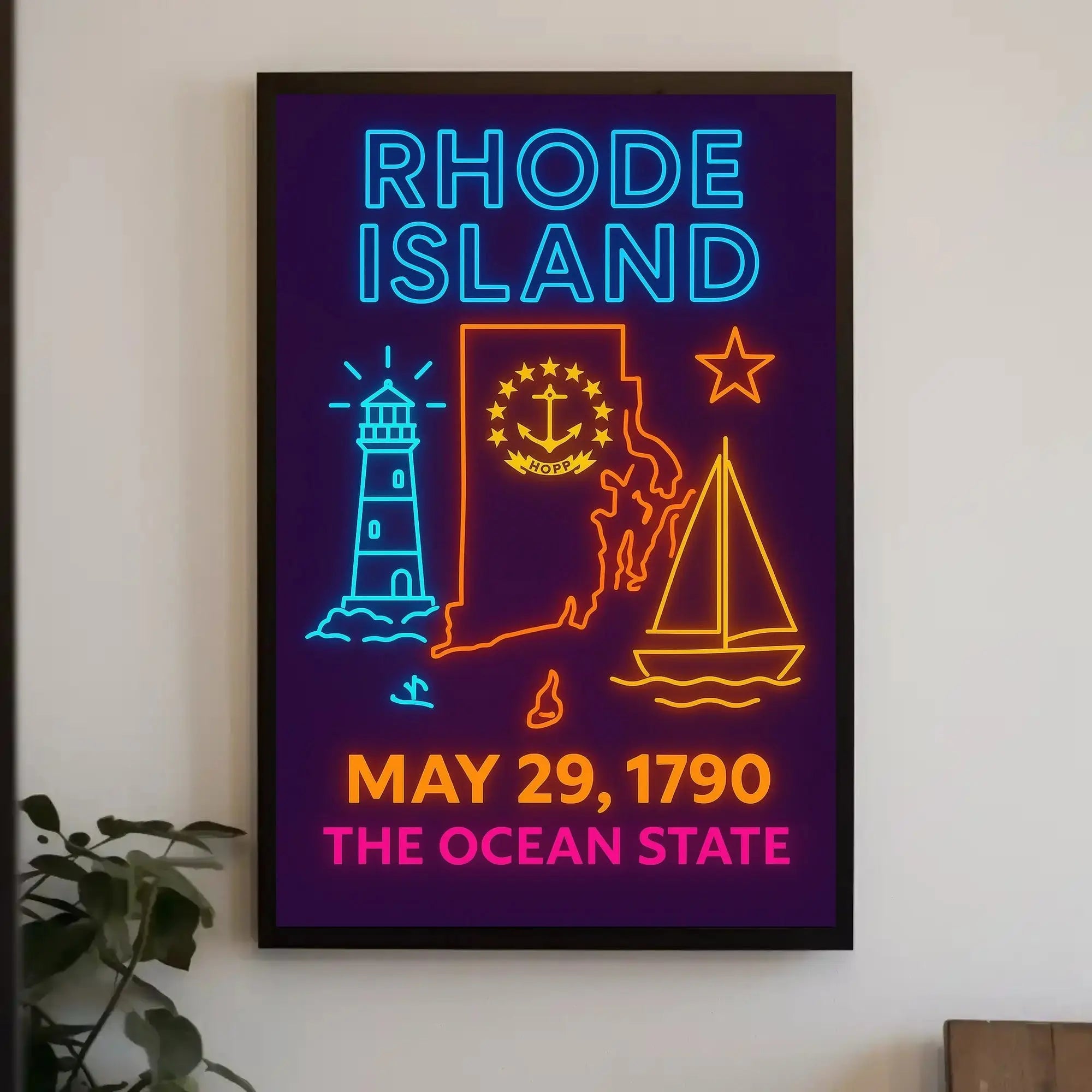 Rhode Island Heritage Neon Maritime Art Poster PosterGoat