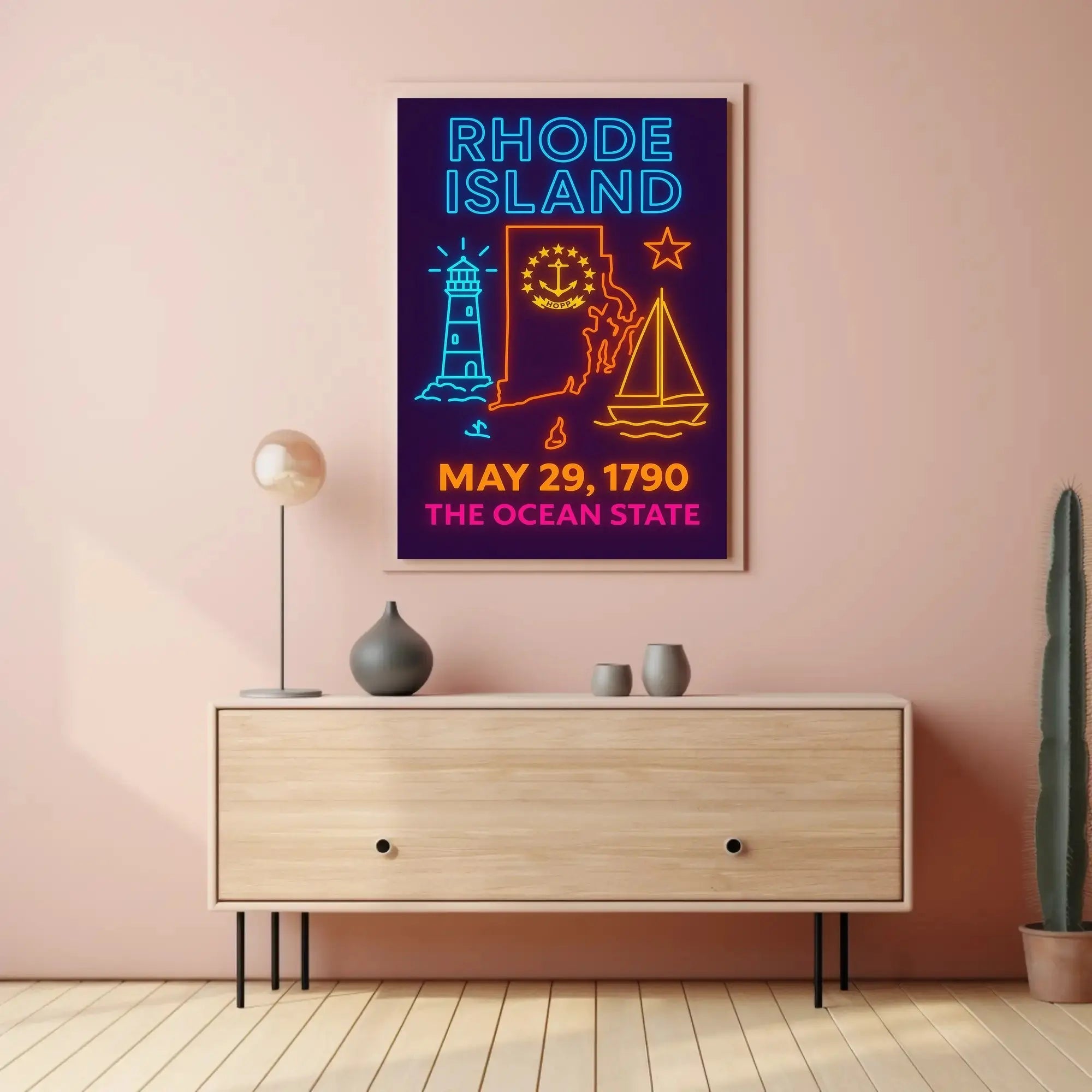 Rhode Island Heritage Neon Maritime Art Poster PosterGoat