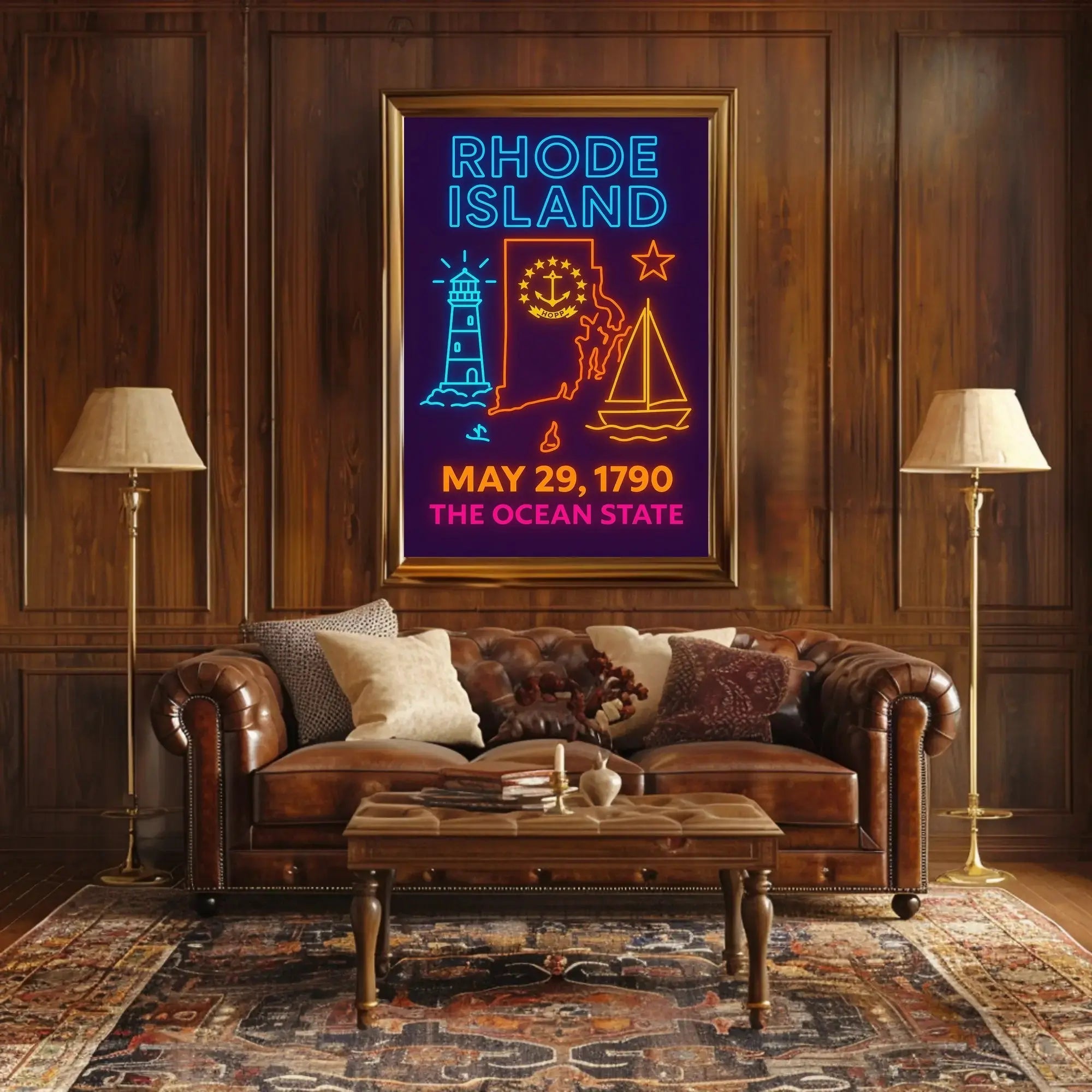 Rhode Island Heritage Neon Maritime Art Poster PosterGoat