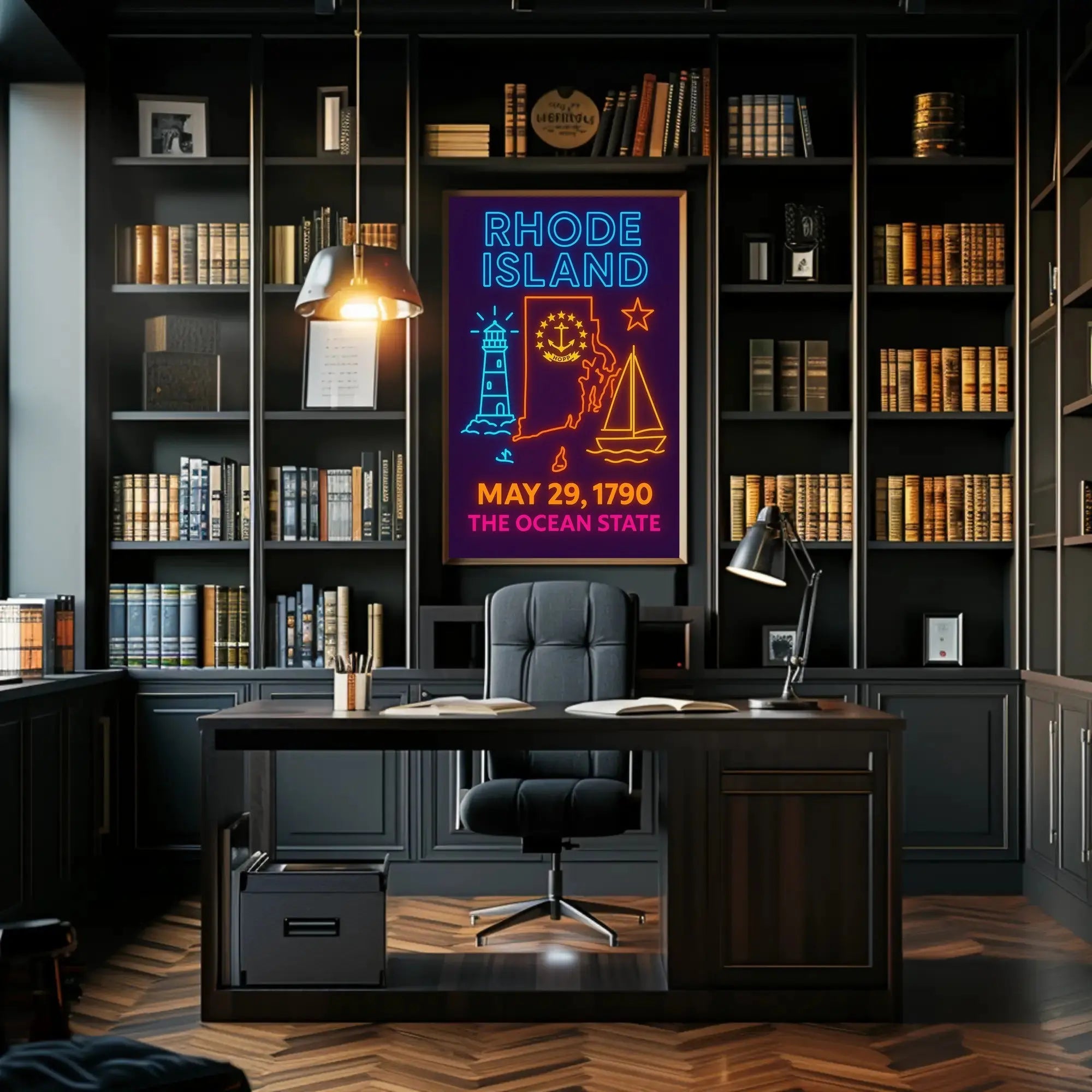 Rhode Island Heritage Neon Maritime Art Poster PosterGoat