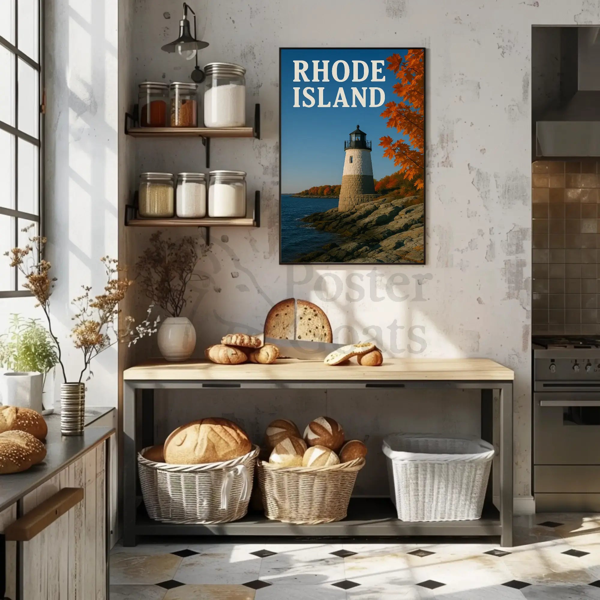 Rhode Island Lighthouse Autumn Scenery Travel Poster PosterGoat