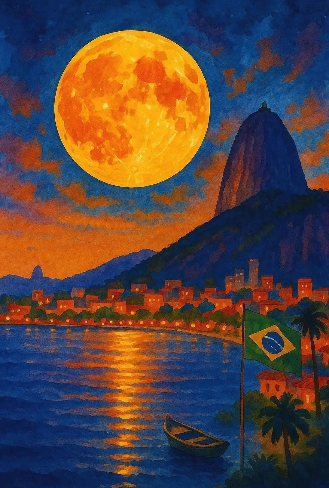 Rio de Janeiro Coastal Moonlight - Travel Poster PosterGoat