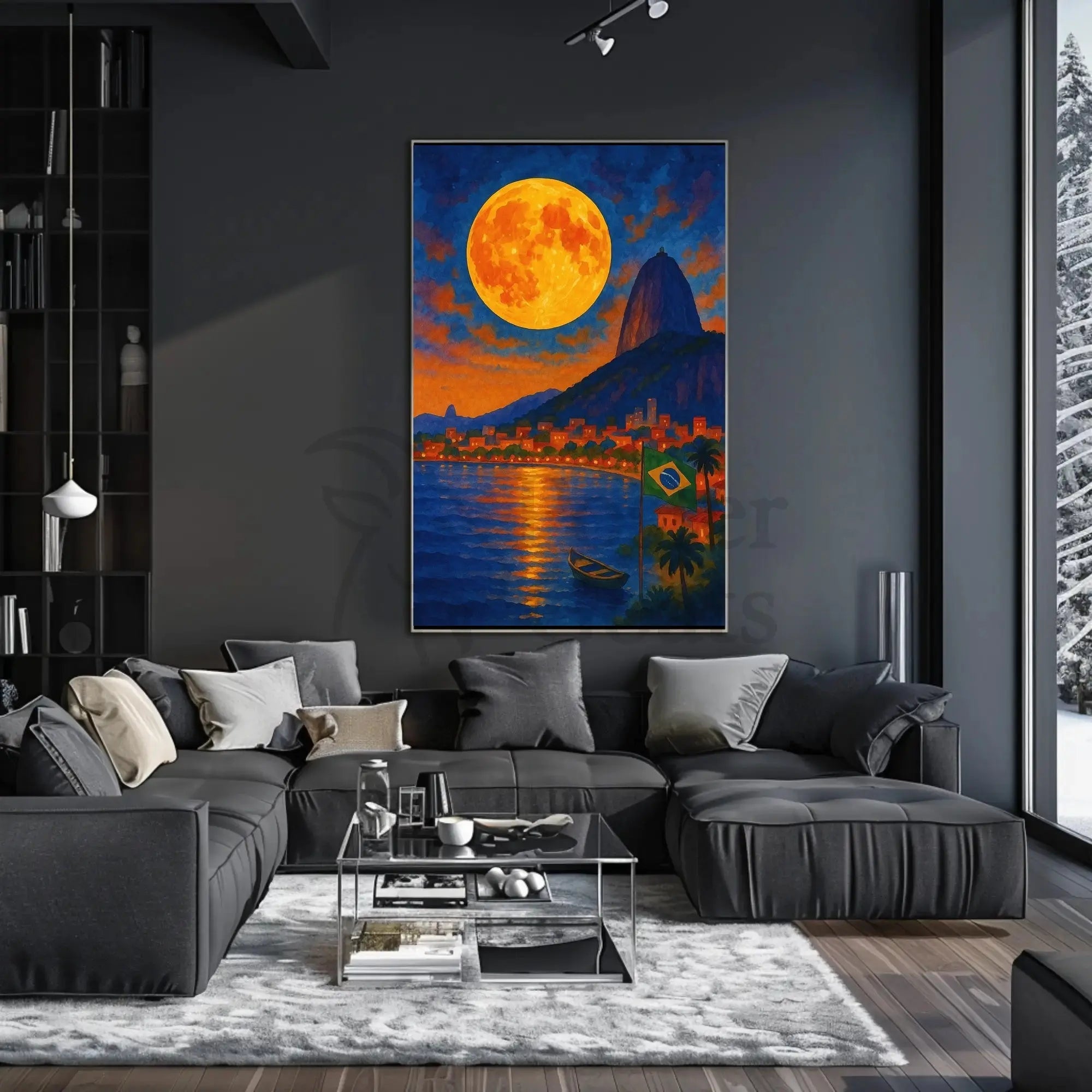 Rio de Janeiro Coastal Moonlight - Travel Poster PosterGoat