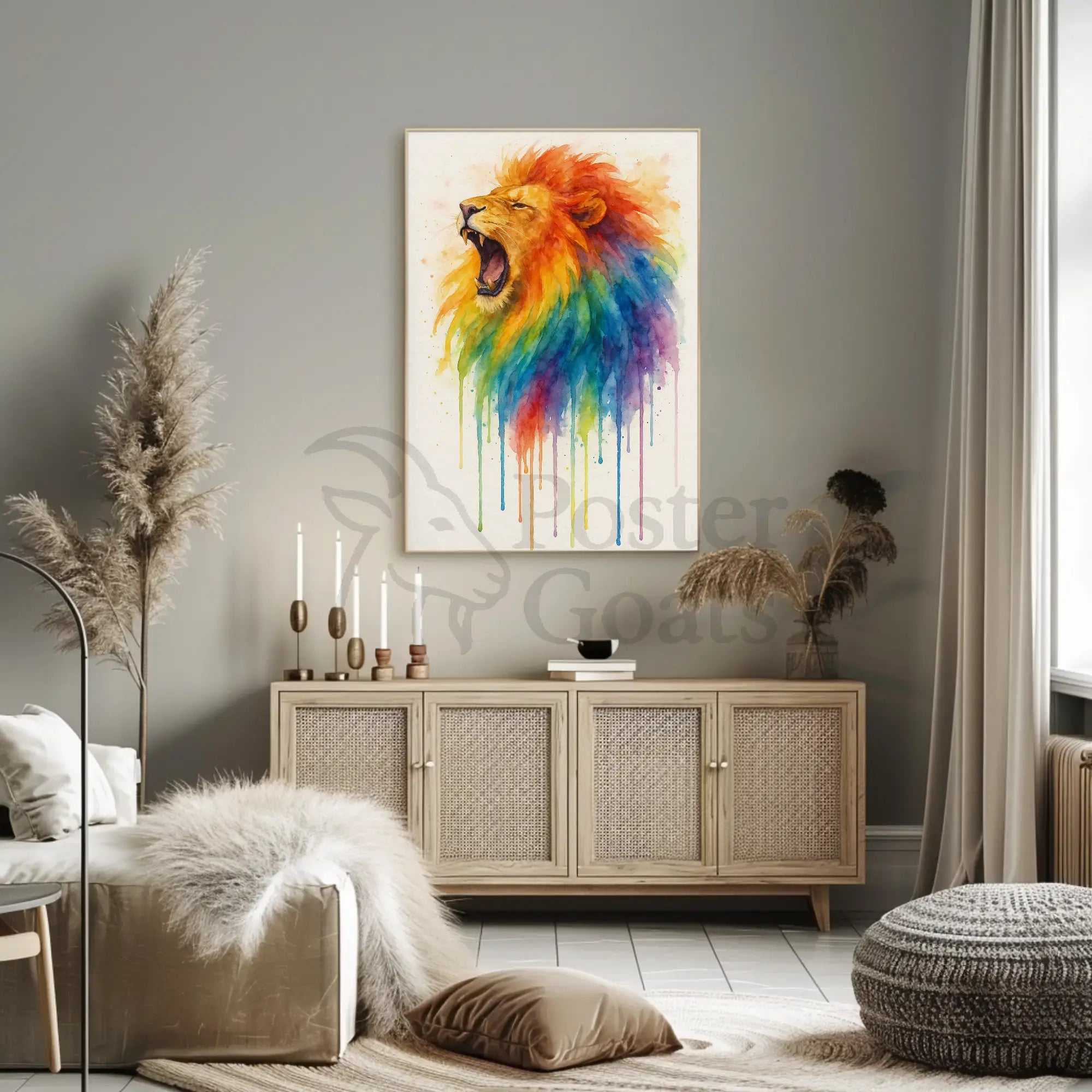 Roaring Rainbow Lion Watercolor Abstract Art Animal Poster PosterGoat
