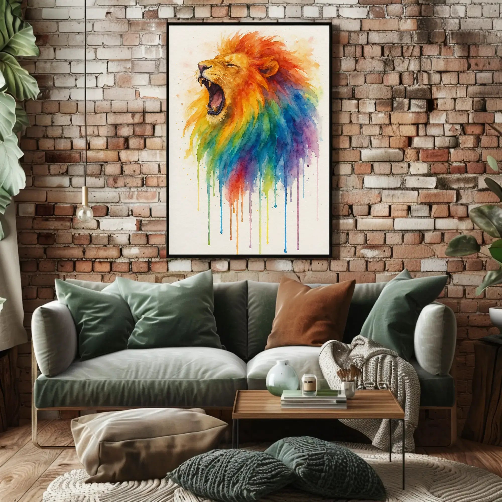 Roaring Rainbow Lion Watercolor Abstract Art Animal Poster PosterGoat