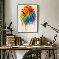 Roaring Rainbow Lion Watercolor Abstract Art Animal Poster PosterGoat
