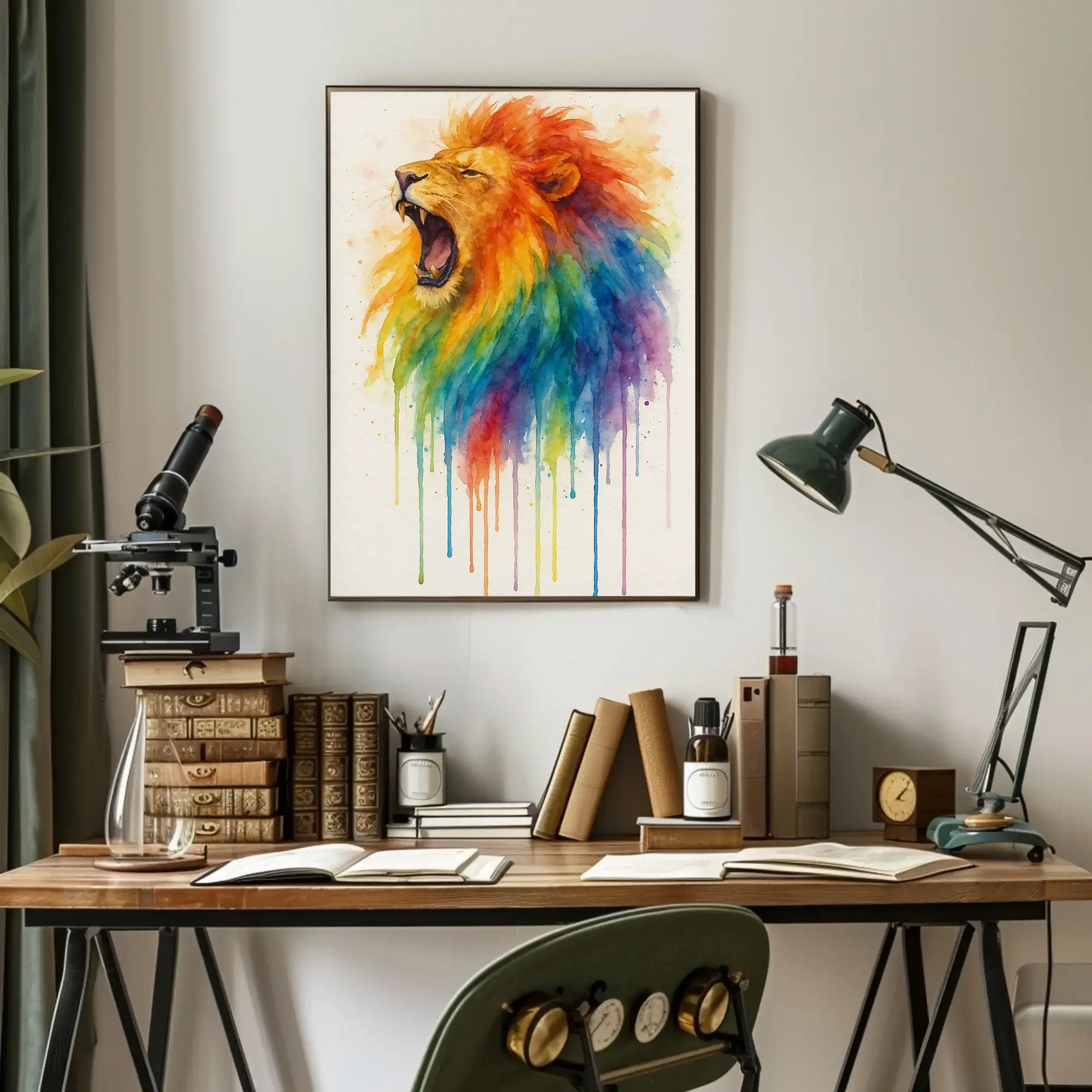 Roaring Rainbow Lion Watercolor Abstract Art Animal Poster PosterGoat