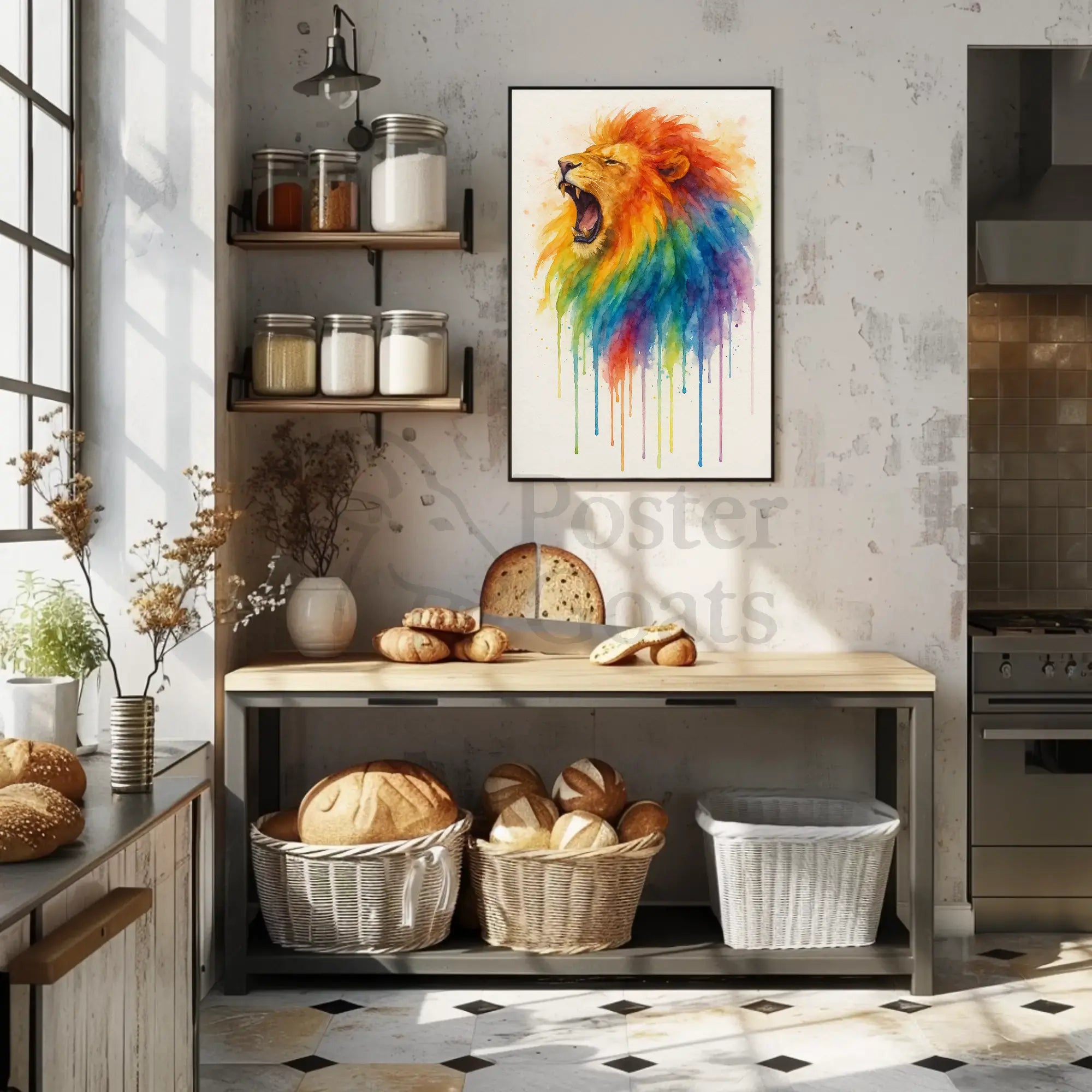 Roaring Rainbow Lion Watercolor Abstract Art Animal Poster PosterGoat