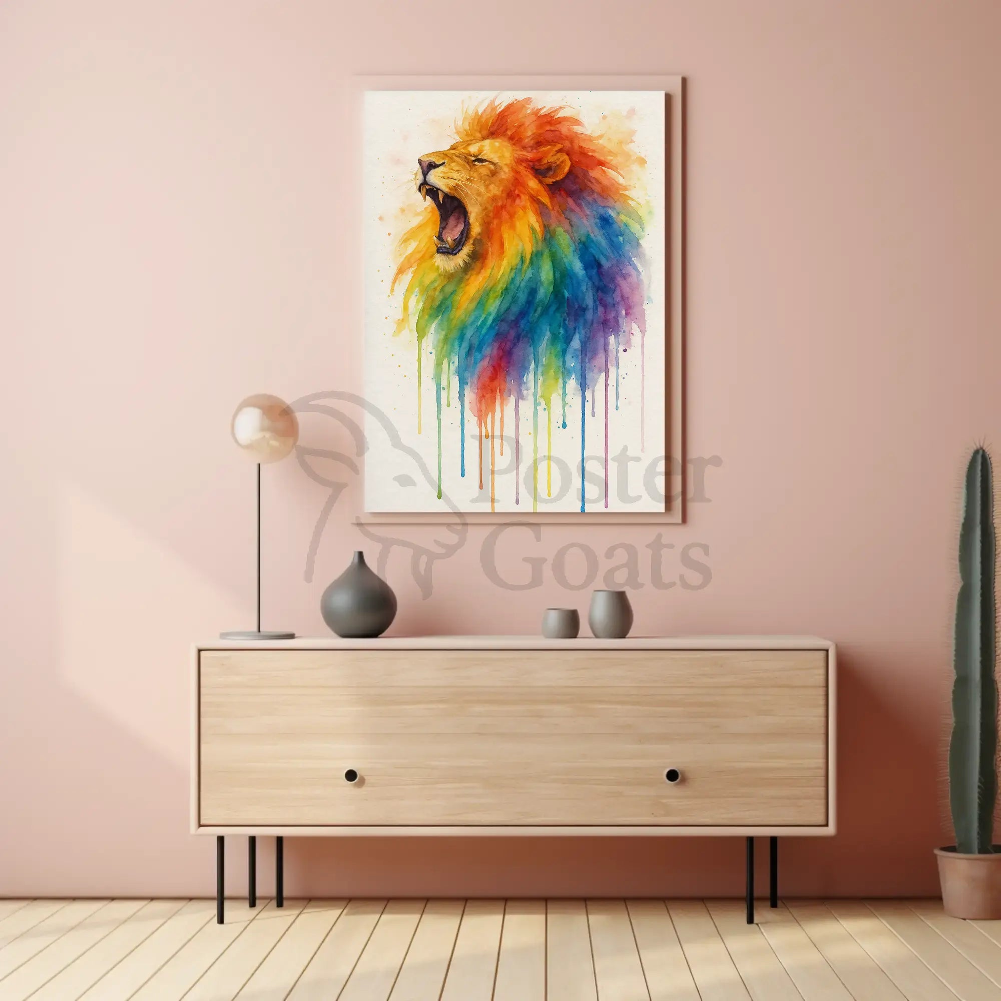 Roaring Rainbow Lion Watercolor Abstract Art Animal Poster PosterGoat