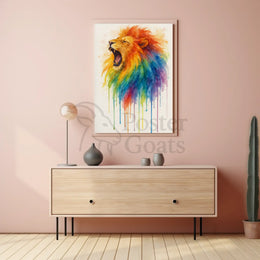 Roaring Rainbow Lion Watercolor Abstract Art Animal Poster PosterGoat