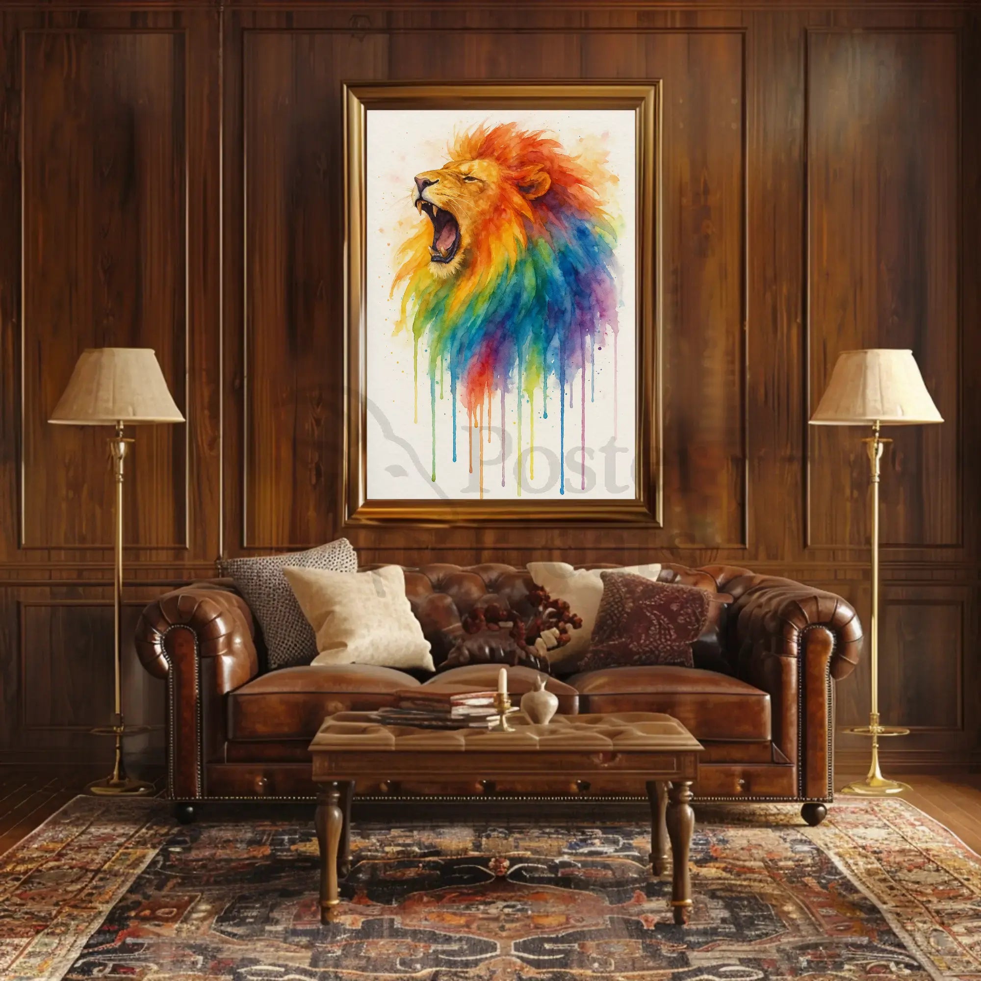 Roaring Rainbow Lion Watercolor Abstract Art Animal Poster PosterGoat