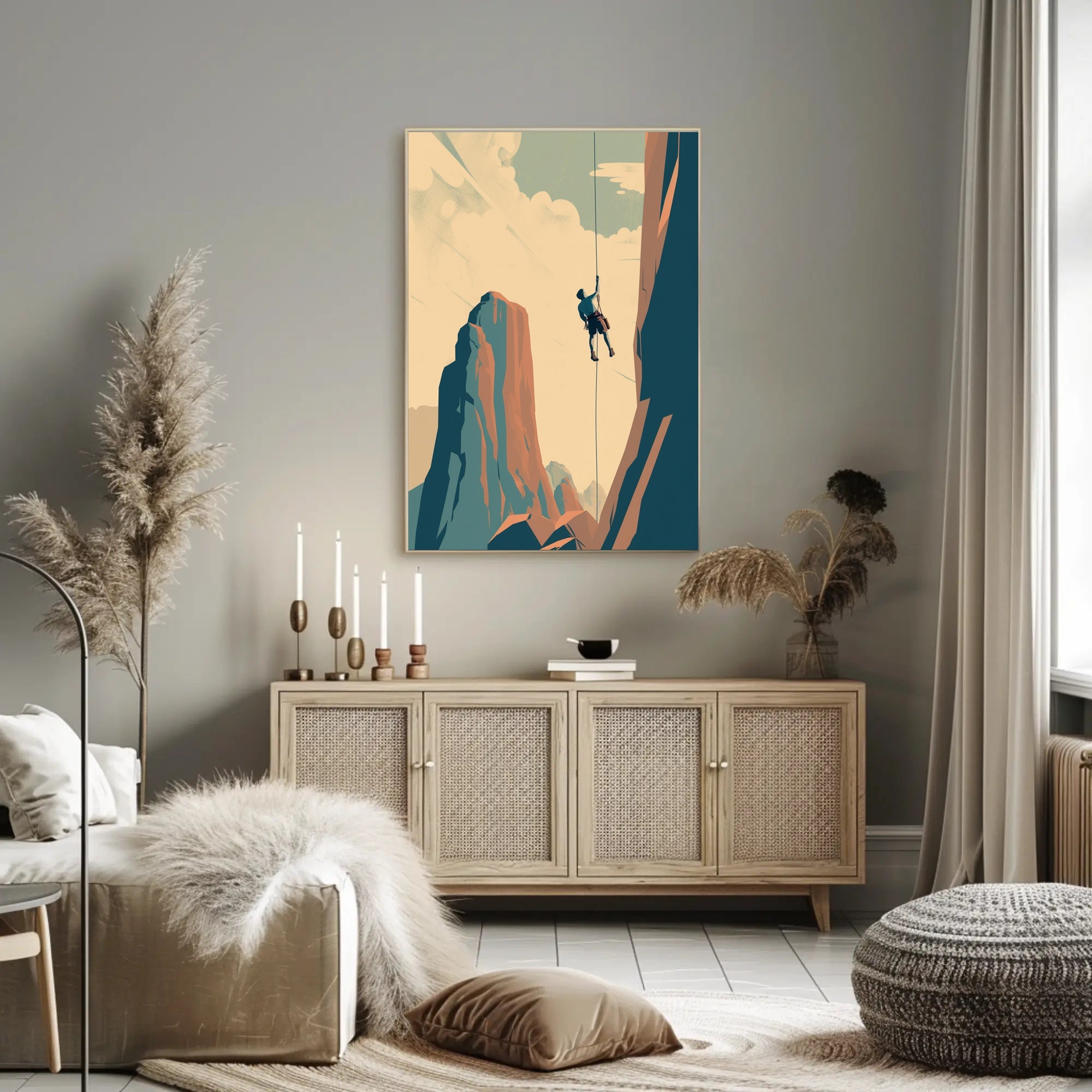 Rock Climber's Ascent Against Majestic Mountains - Sports Poster PosterGoat