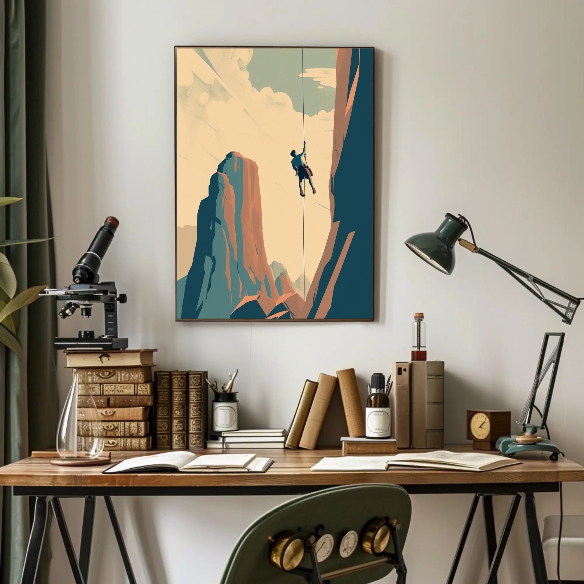 Rock Climber's Ascent Against Majestic Mountains - Sports Poster PosterGoat