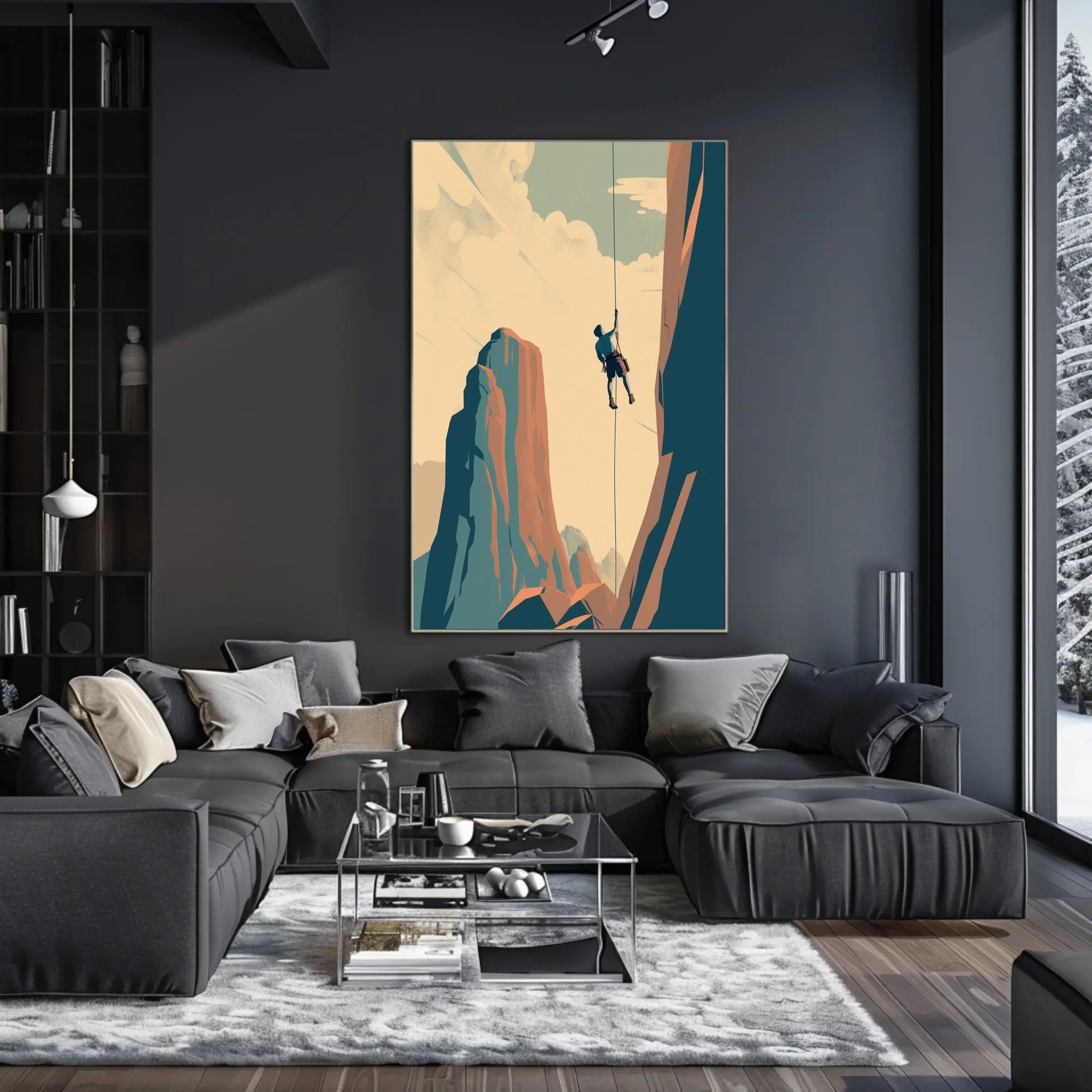 Rock Climber's Ascent Against Majestic Mountains - Sports Poster PosterGoat