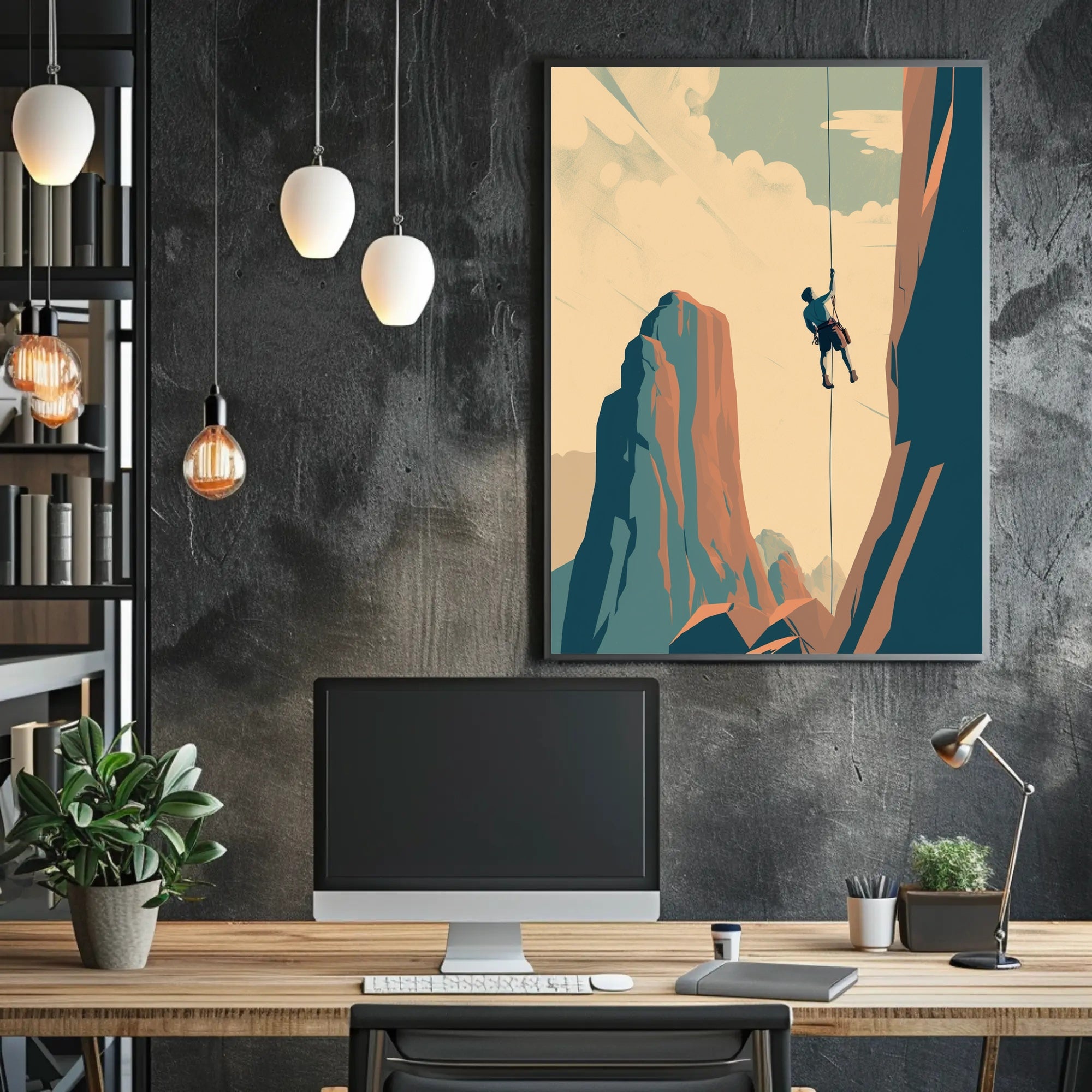 Rock Climber's Ascent Against Majestic Mountains - Sports Poster PosterGoat