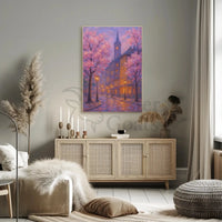 Romantic Cherry Blossom Street Impressionistic Artistic Poster PosterGoat