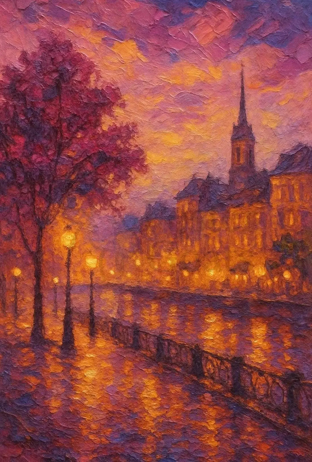 Romantic European Cityscape at Dusk Artistic Poster PosterGoat