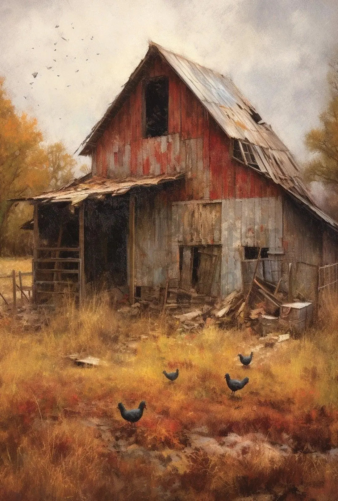 Rustic Autumn Farmhouse with Chickens Artistic Poster PosterGoat
