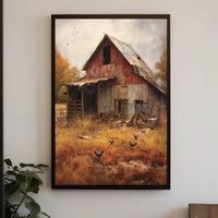 Rustic Autumn Farmhouse with Chickens Artistic Poster PosterGoat