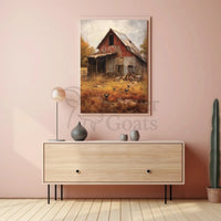 Rustic Autumn Farmhouse with Chickens Artistic Poster PosterGoat