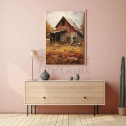 Rustic Autumn Farmhouse with Chickens Artistic Poster PosterGoat