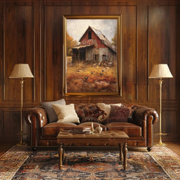 Rustic Autumn Farmhouse with Chickens Artistic Poster PosterGoat