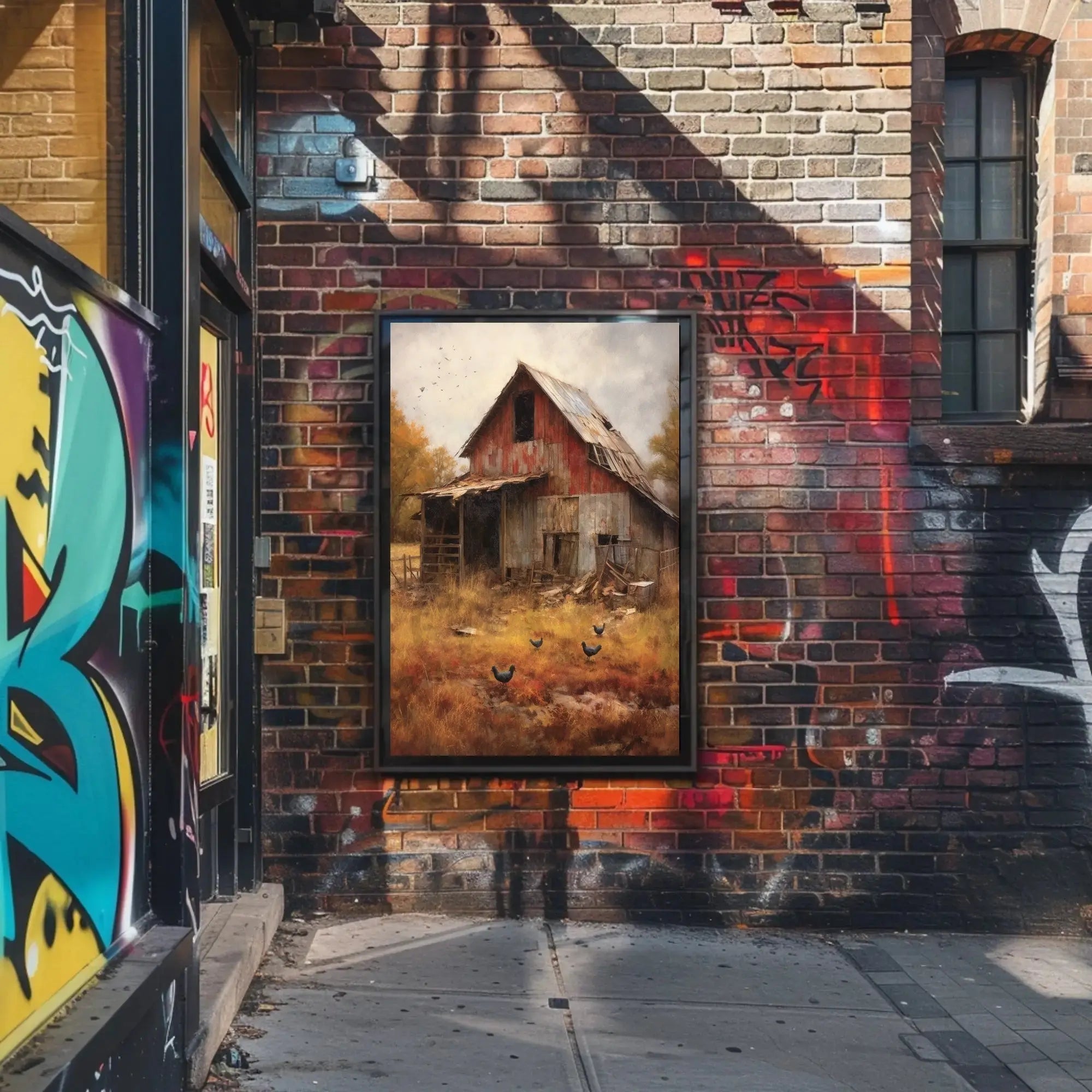 Rustic Autumn Farmhouse with Chickens Artistic Poster PosterGoat