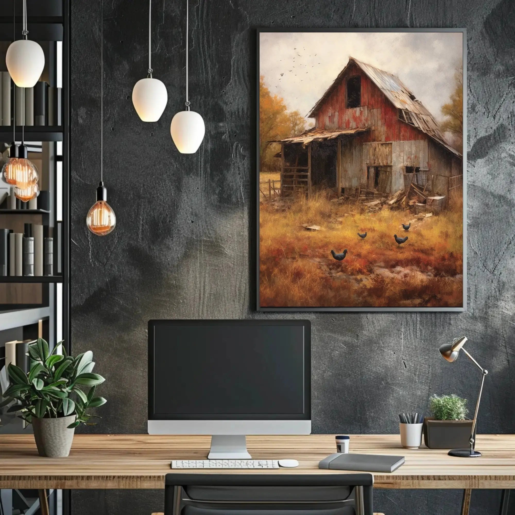 Rustic Autumn Farmhouse with Chickens Artistic Poster PosterGoat