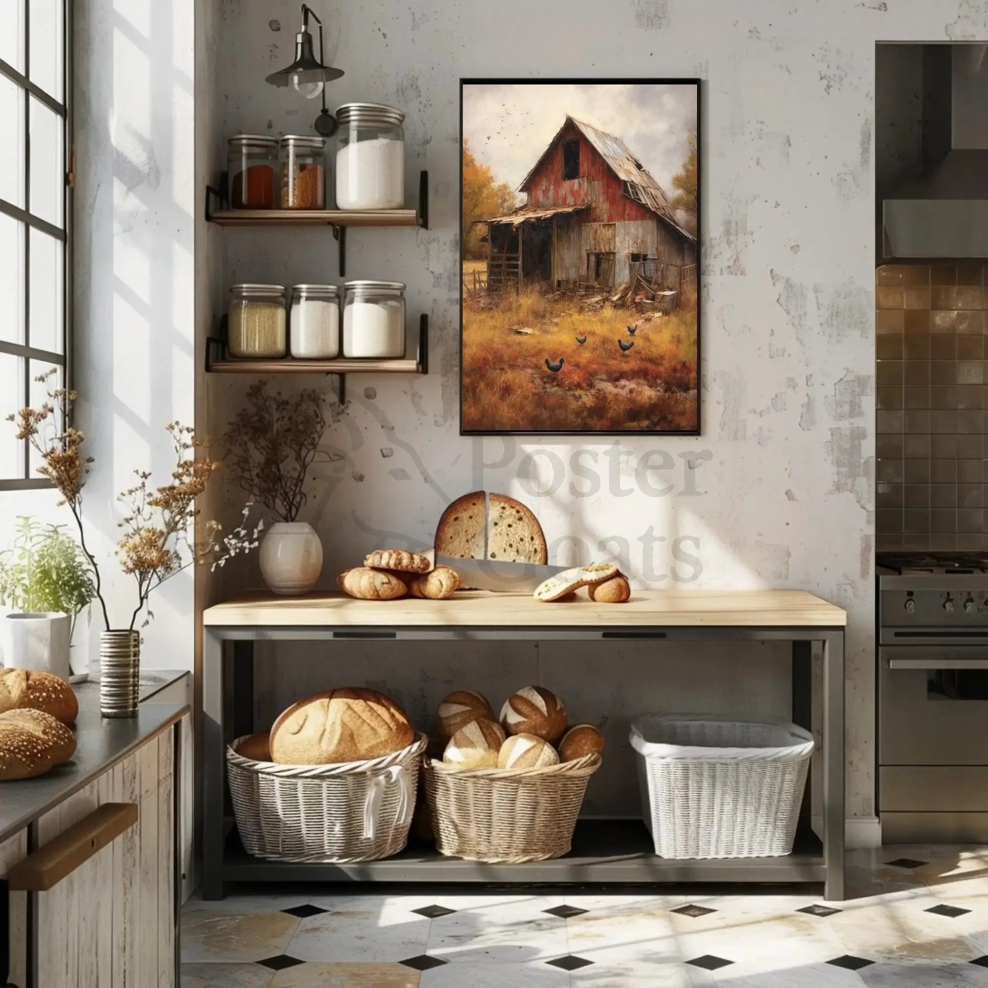 Rustic Autumn Farmhouse with Chickens Artistic Poster PosterGoat