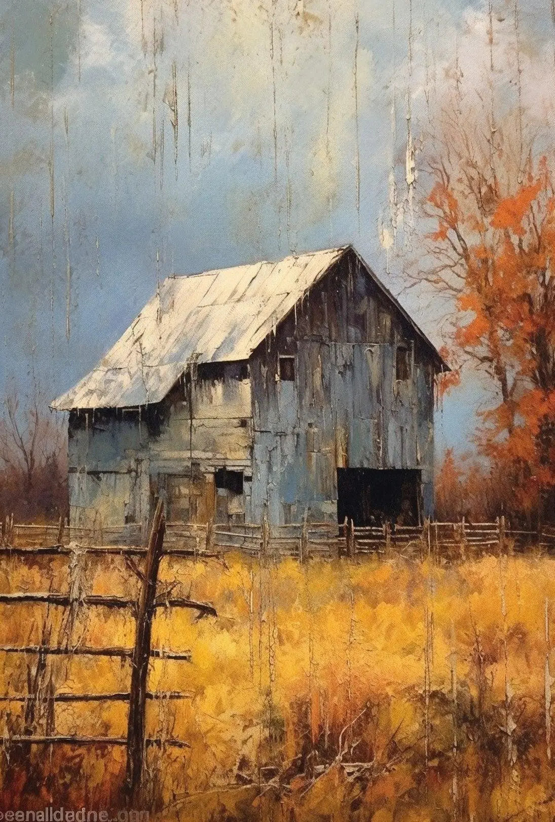 Rustic Barn in Autumnal Landscape Artistic Poster PosterGoat