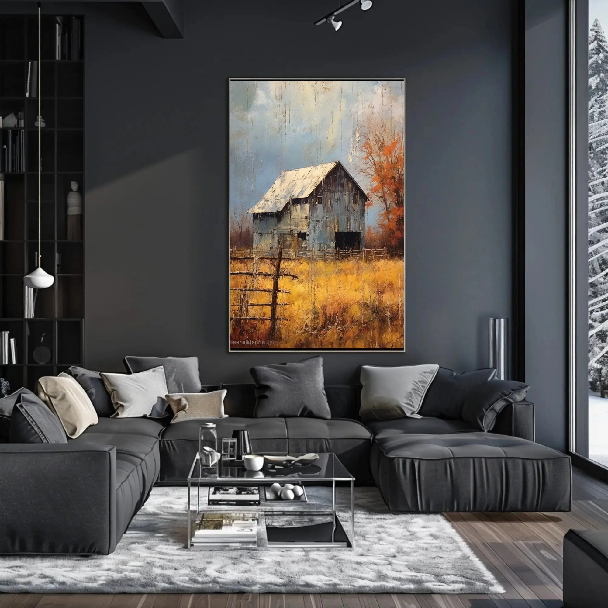 Rustic Barn in Autumnal Landscape Artistic Poster PosterGoat