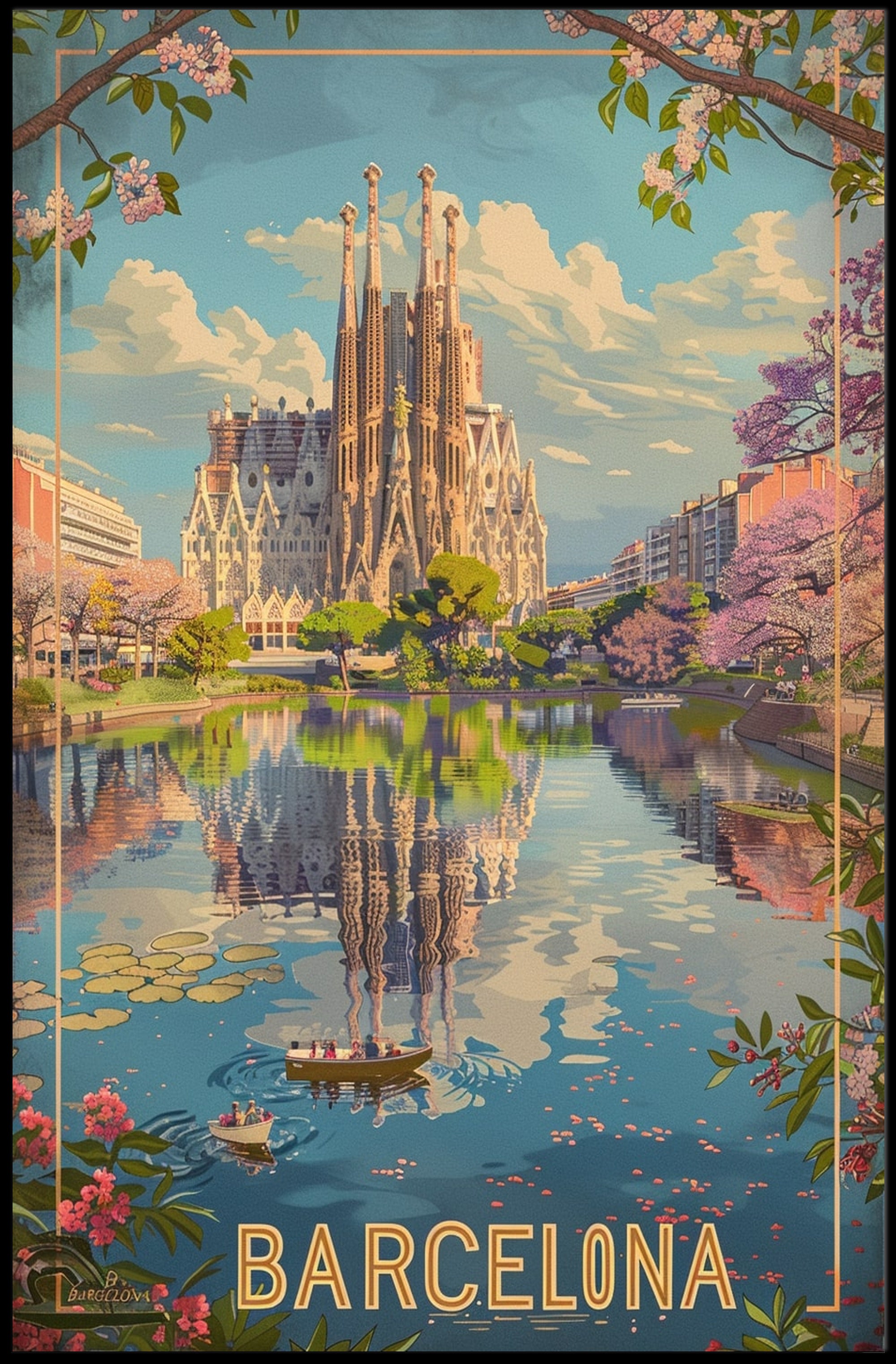 Sagrada Família Reflection in Barcelona Travel Poster PosterGoat
