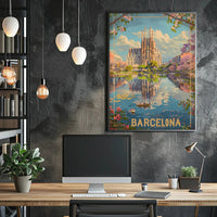 Sagrada Família Reflection in Barcelona Travel Poster PosterGoat