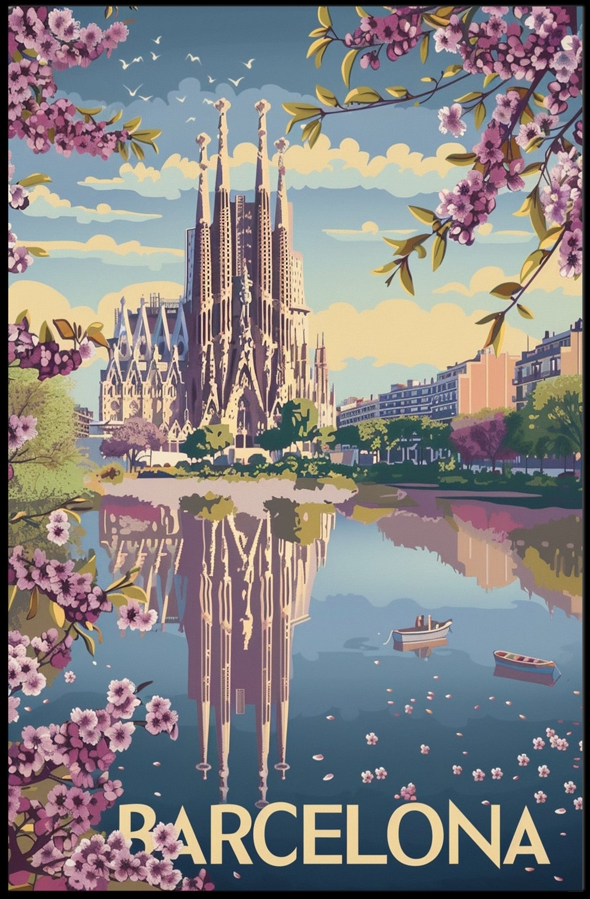 Sagrada Família Spring Reflection: Tranquil Travel Poster PosterGoat