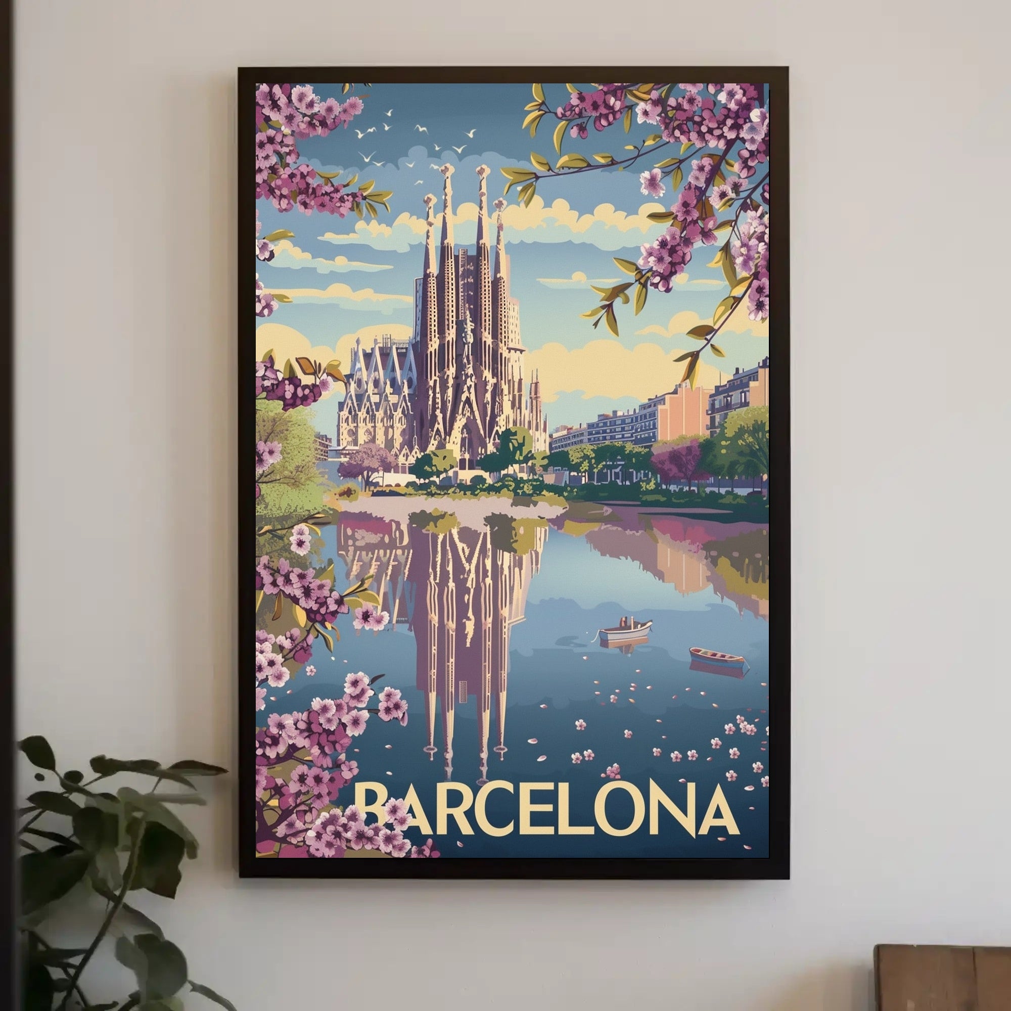 Sagrada Família Spring Reflection: Tranquil Travel Poster PosterGoat