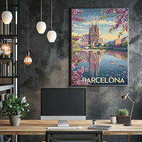 Sagrada Família Spring Reflection: Tranquil Travel Poster PosterGoat