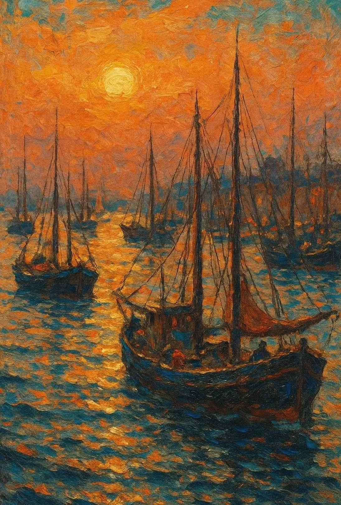Sailboats at Sunrise: Tranquil Coastal Impressionistic Art Poster PosterGoat