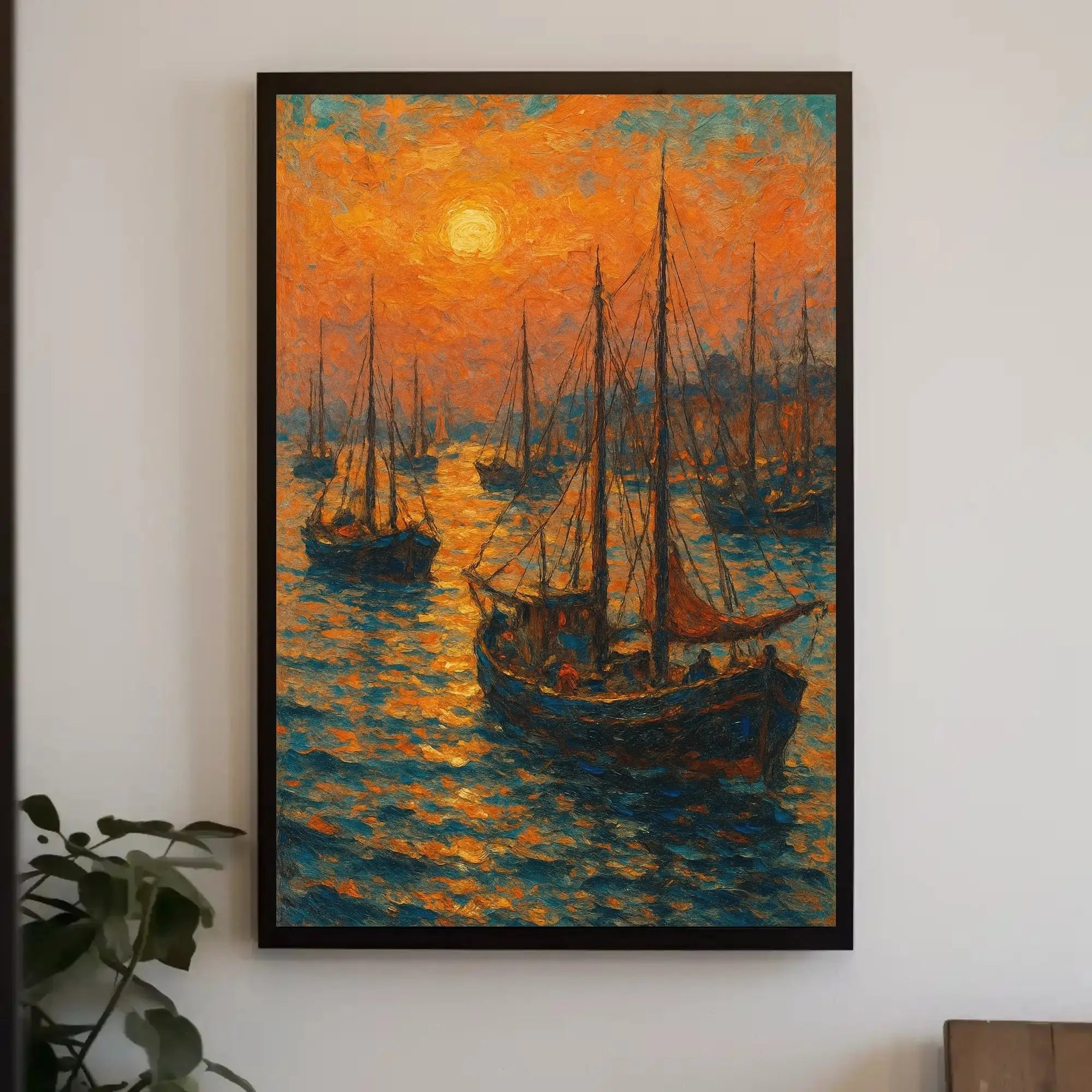 Sailboats at Sunrise: Tranquil Coastal Impressionistic Art Poster PosterGoat